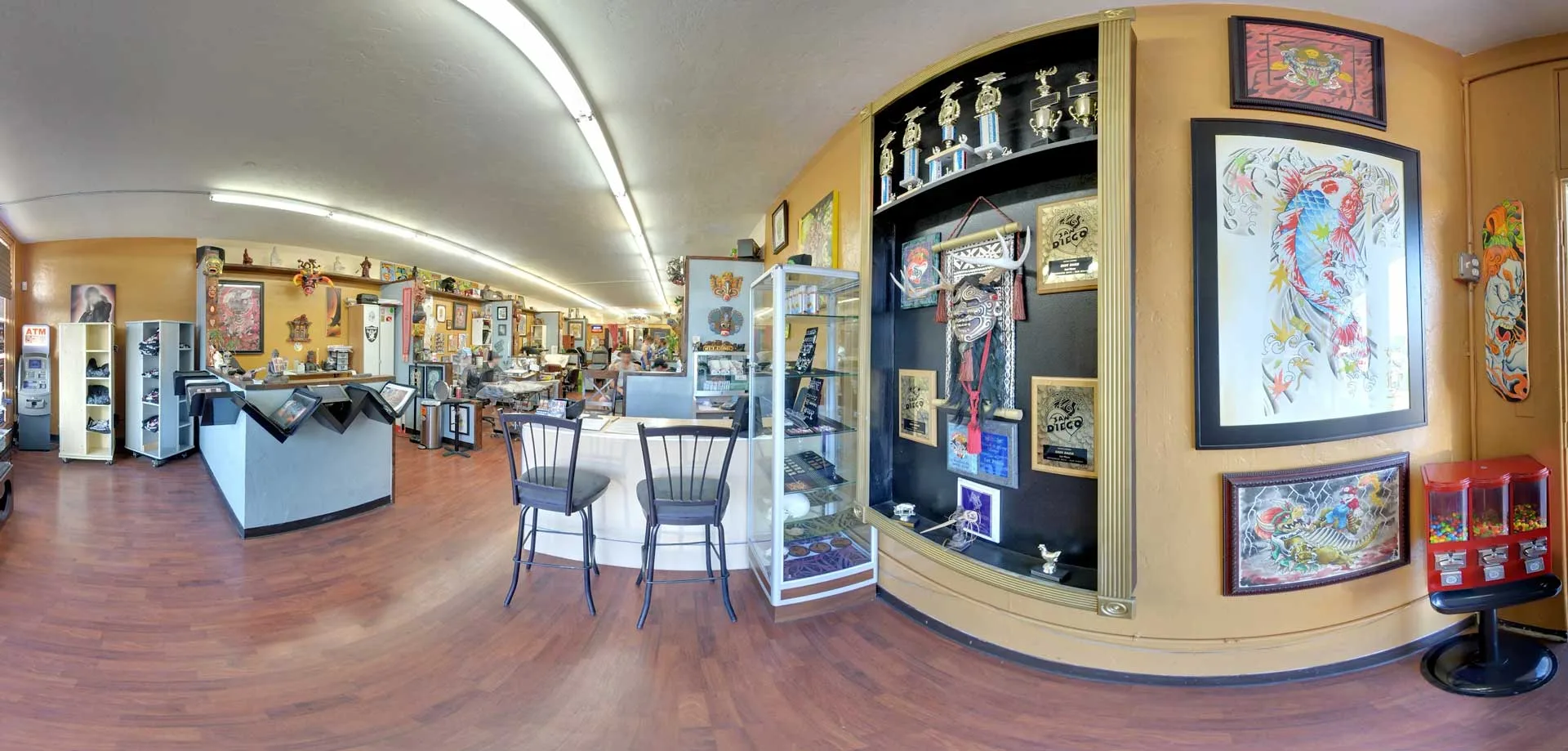 Inside Funhouse Tattoo — panoramic view of the studio